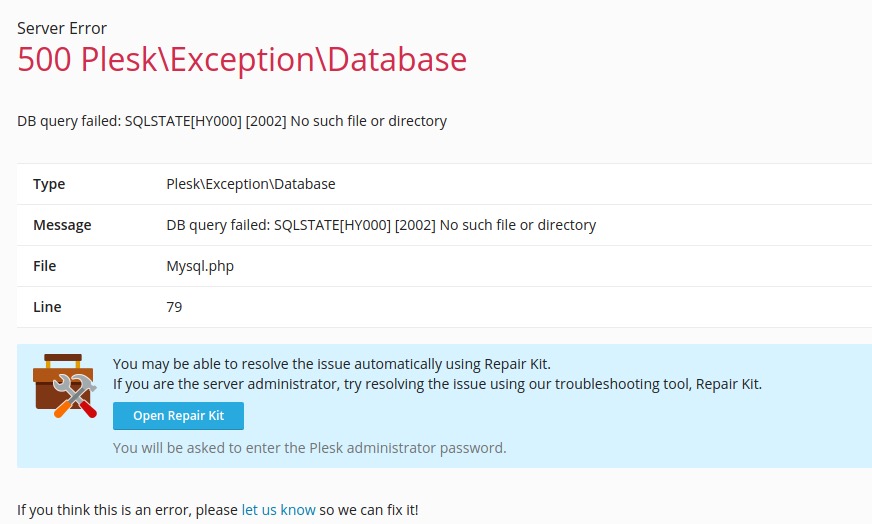 Plesk_500_Plesk_Exception_Database