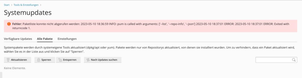 Plesk Paketliste konnte nicht geladen werden
